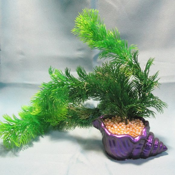 Aquarium Decoration - Purple Shell with Green Artificial Plant and Pearls. - Picture 3 of 7